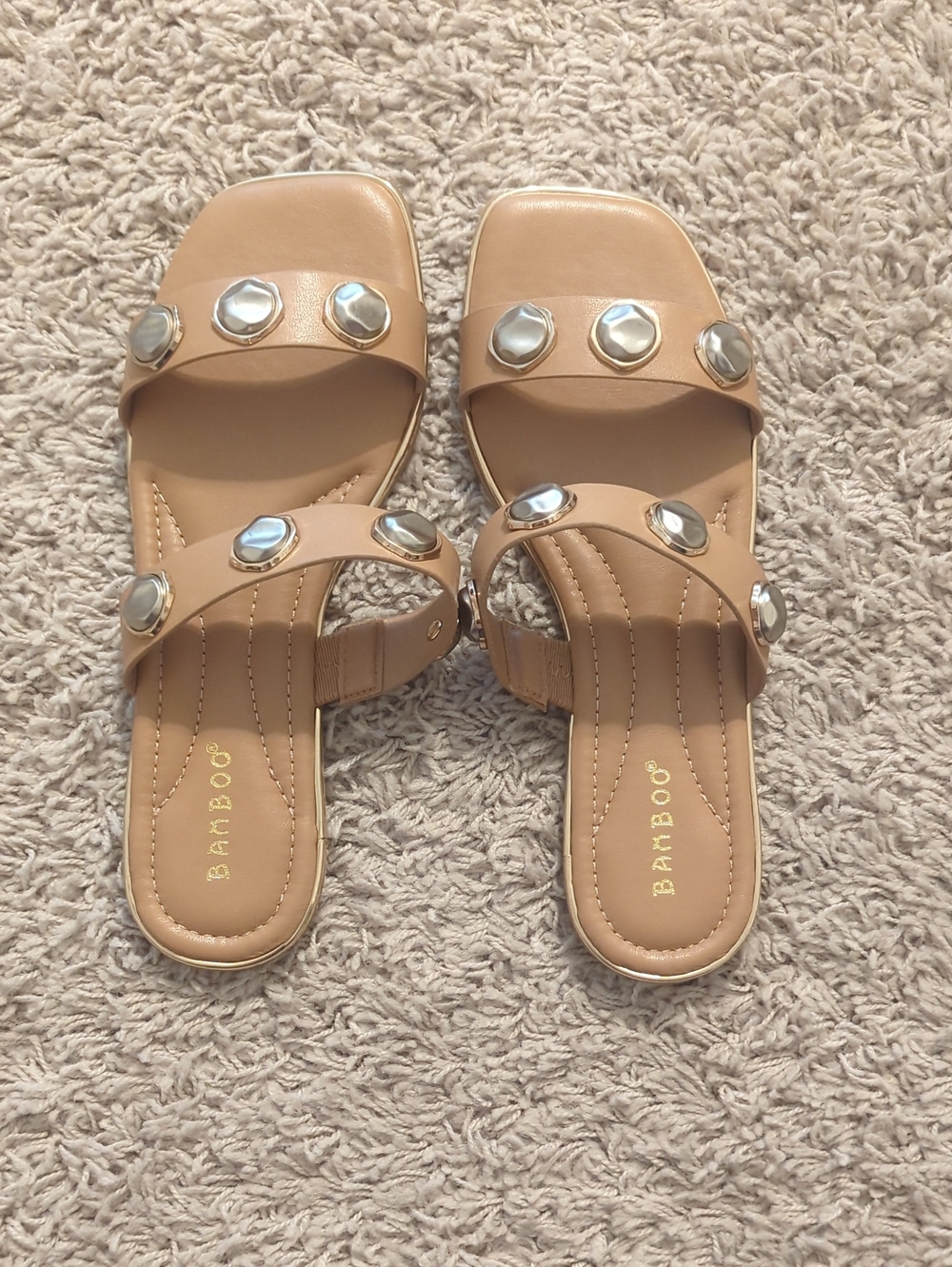 BAMBOO Nude Tan Studded Double-Strap Slide Sandals NEW